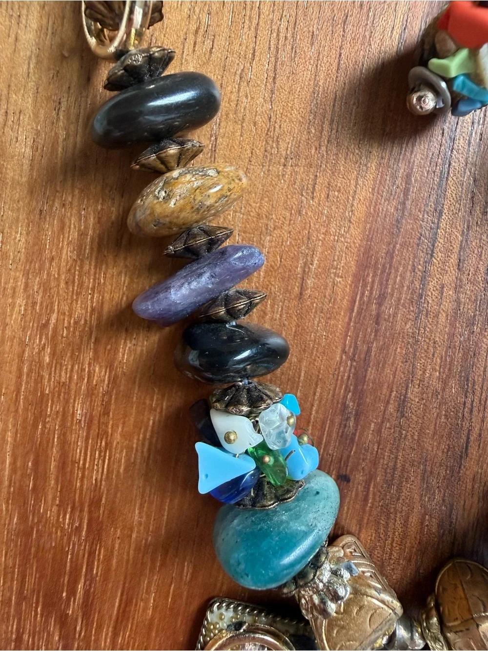 Vintage Artisan Multicolor Gold-Tone Beaded Gemstone Necklace Matching Earrings